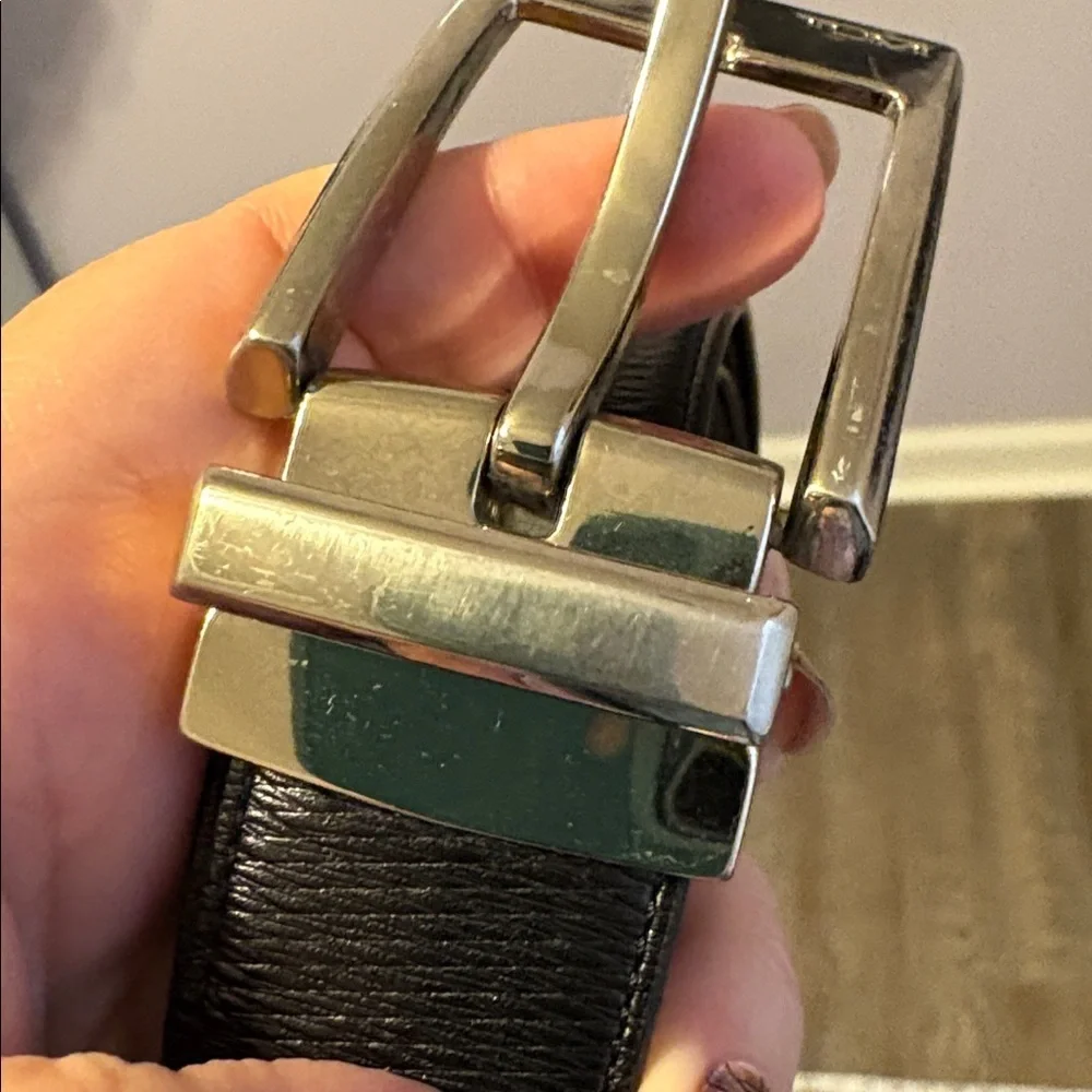 Tumi Black Leather Belt with Silver Metal Buckle